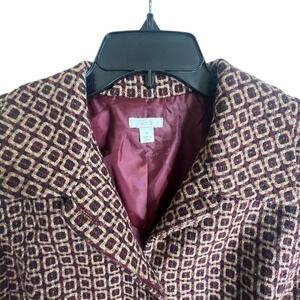Cranberry and Beige Retro Tweed Coat Checkered MCM Thigh Length Midcentury Chic